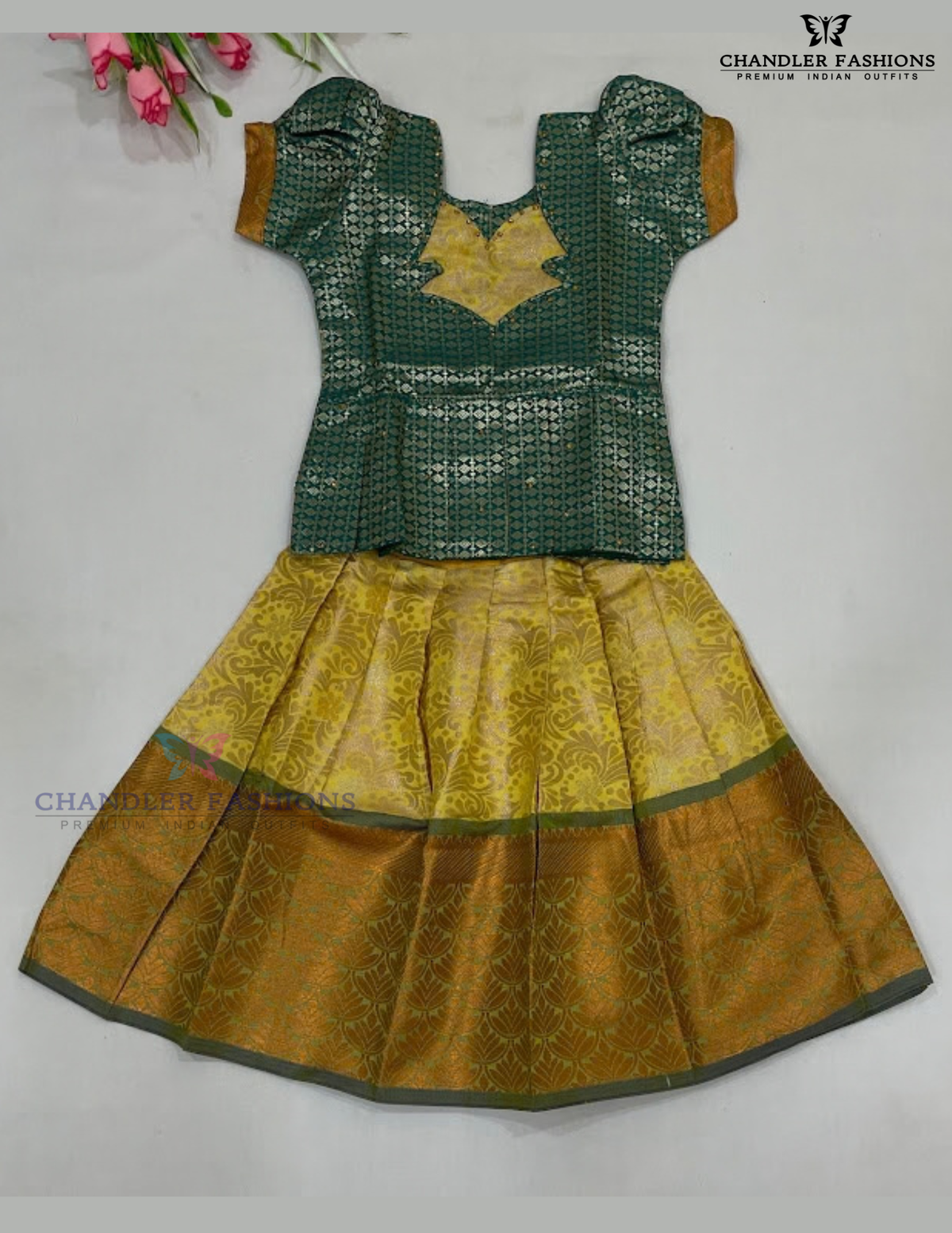 Beautiful Green And Yellow Color Silk With Stone Work Langa set For Girls
