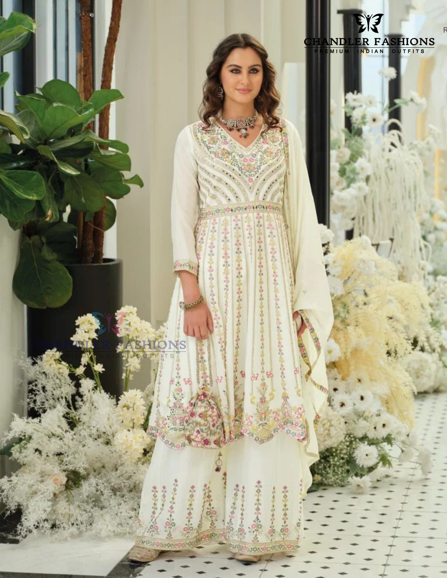 Amazing White Color Chinon With Embroidery Work Palazzo Suits For Women