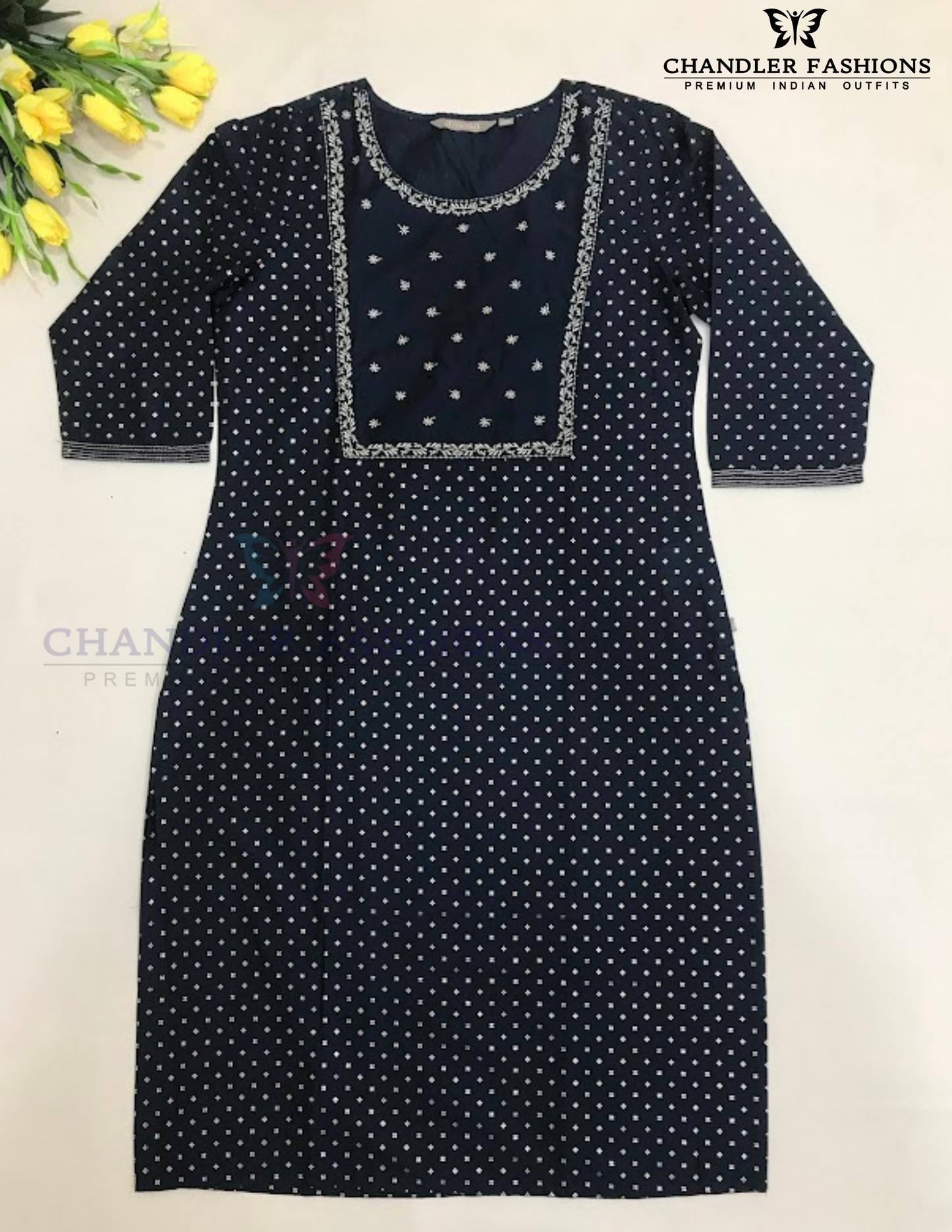 Alluring Blue Color Cotton With Embroidery And Printed Work Kurti For Women