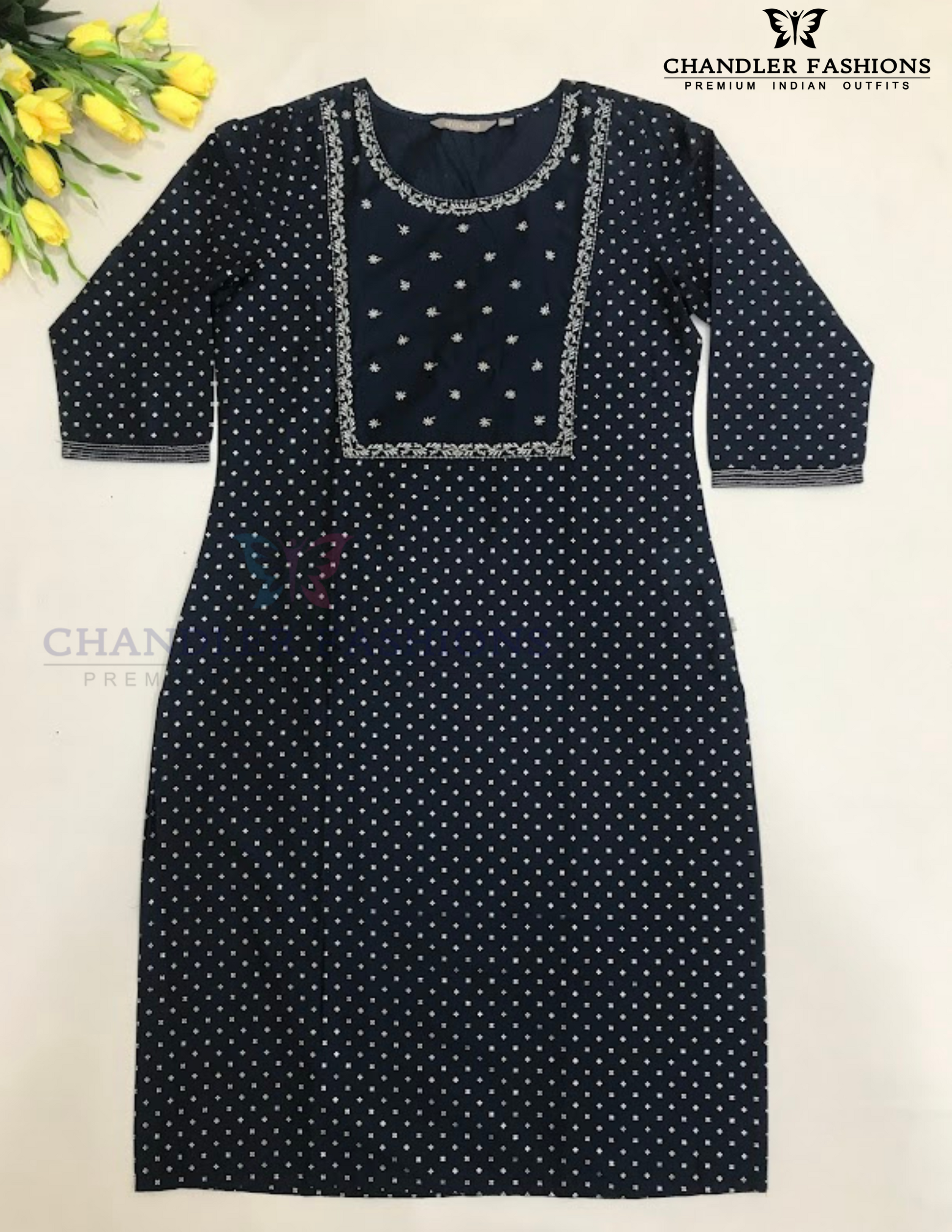 Alluring Blue Color Cotton With Embroidery And Printed Work Kurti For Women