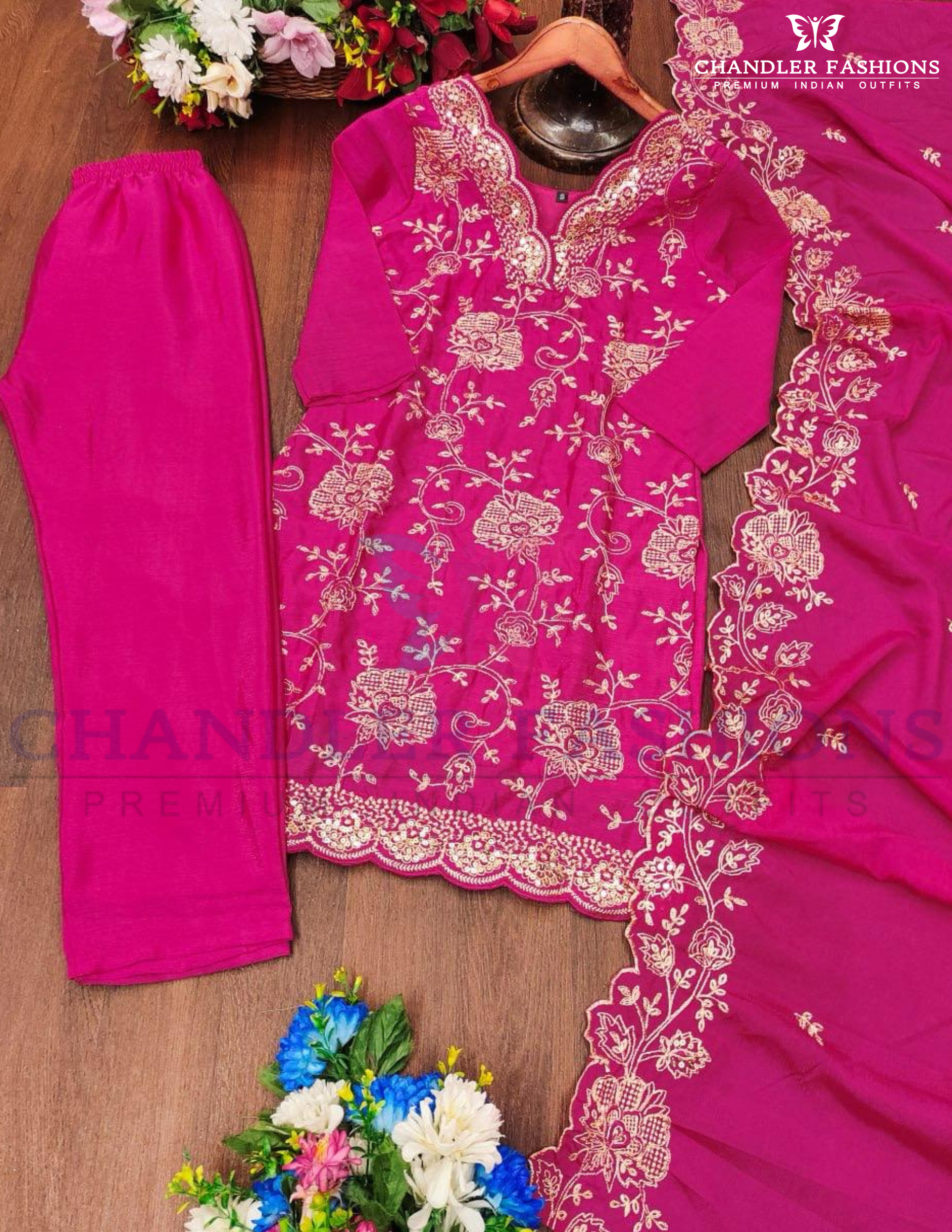 Attractive Rani Pink Color Chinon Fabric With Heavy Sequins And Embroidery Work Salwar Suits For Women