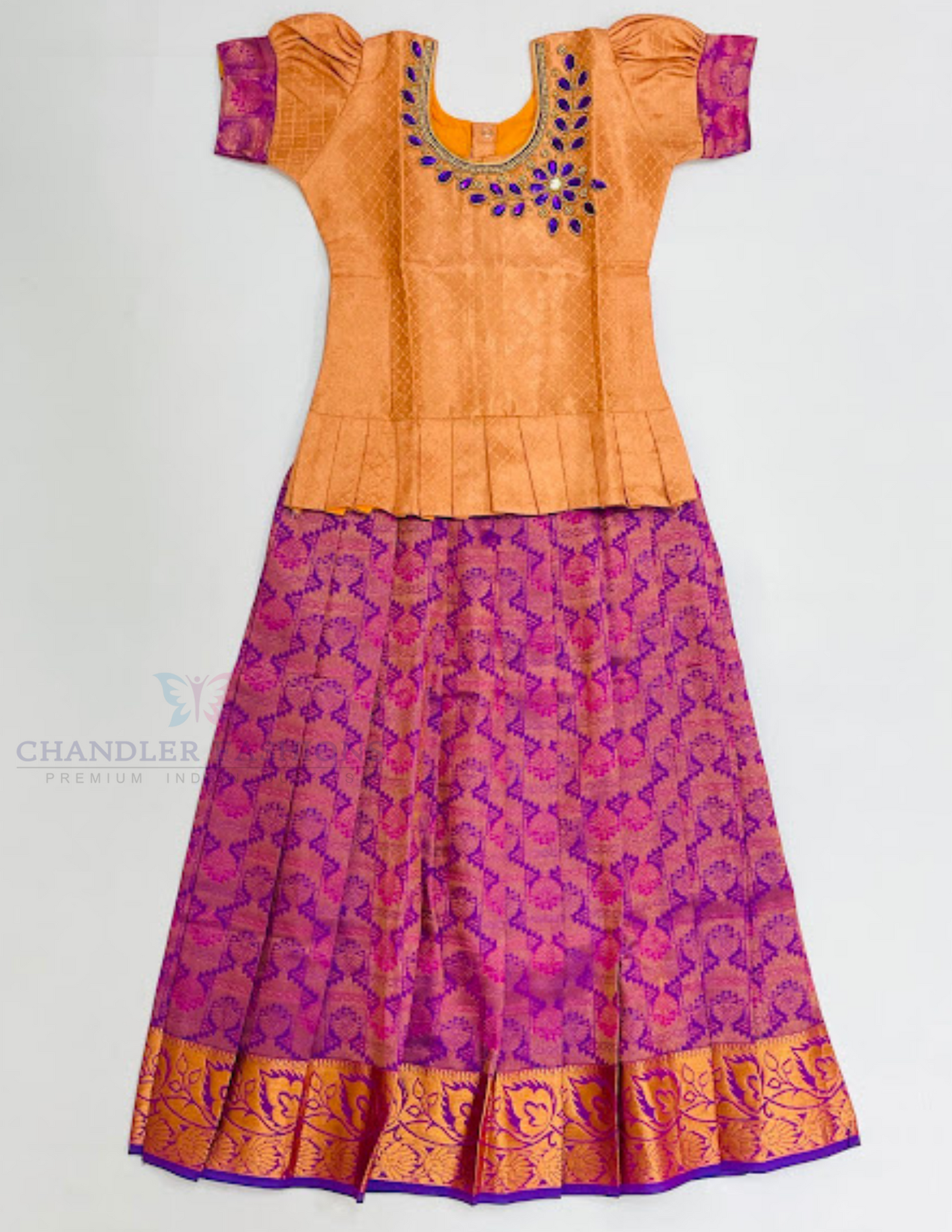 Appealing Light Orange And Violet Color Silk Langa sets With Zari Work For Girls