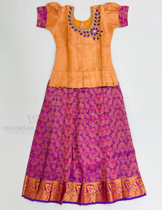 Appealing Light Orange And Violet Color Silk Langa sets With Zari Work For Girls