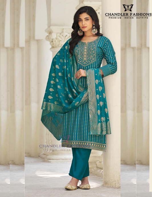 Ravishing Teal Blue Rayon With Digital Printed Work Salwar Suits For Women