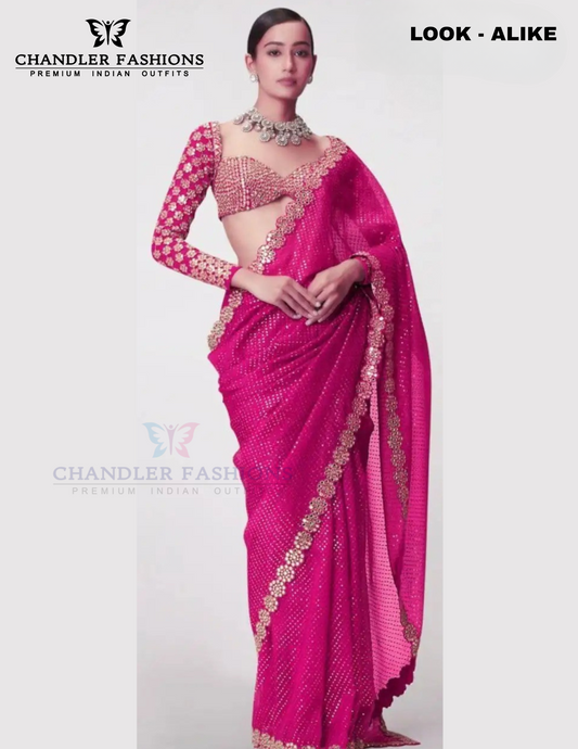 Attractive Pink Color Georgette Saree With Embroidery Sequins And Mirror Work For Women