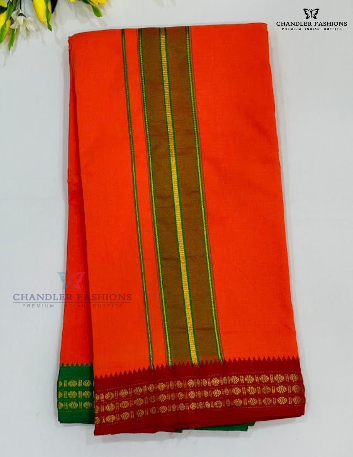 Amazing Orange Cotton Dhoti With Red And Green Color Border And Matching Angavastram For Men