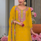 Attractive Yellow Color Embroidery Work  Chinon Palazzo Suits With Dupatta Near Me
