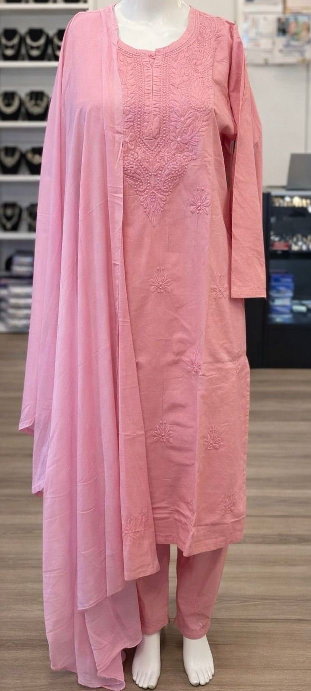 Alluring Pink Color Cotton With Chikankari Work Palazzo Suits For Women