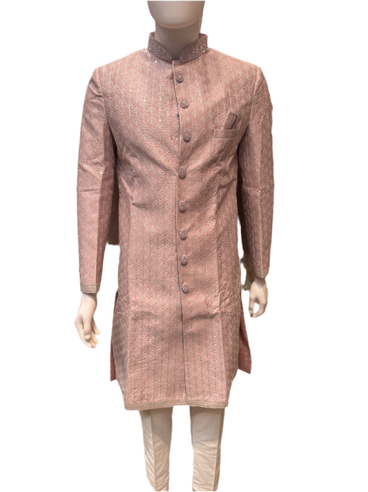 Premium Designer Vivaah Hand Embroidery Silk Sherwani Suit For Men - Onion Pink