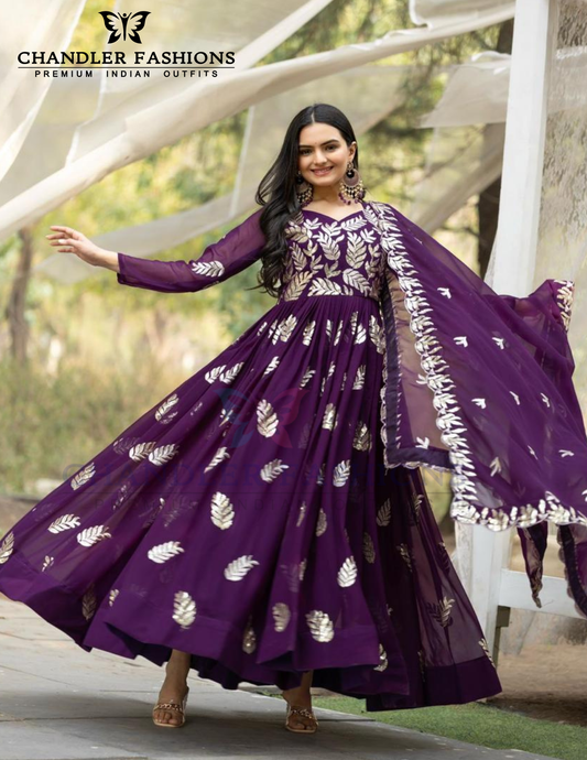 Pretty Purple Color Georgette Sequins And Thread Work Gown For Women