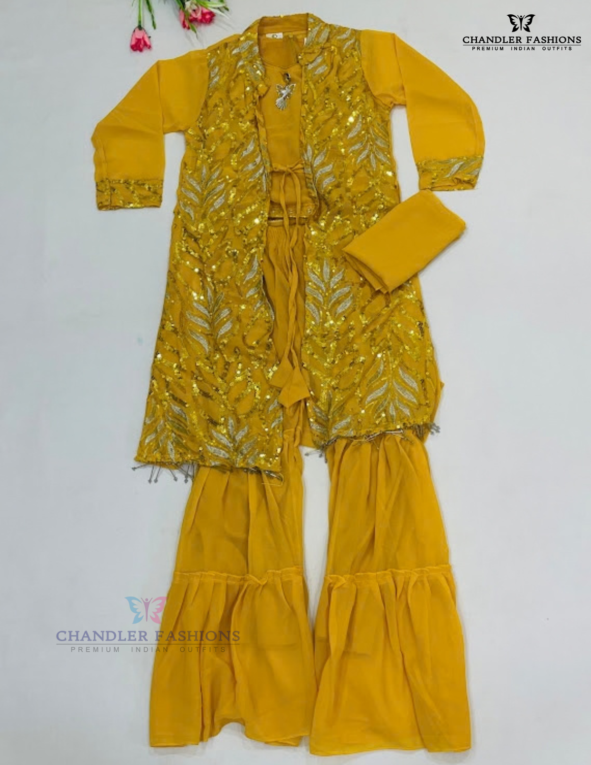 Alluring Yellow Color Georgette With Embroidery And Sequins Work Sharara Set For Kids Girls