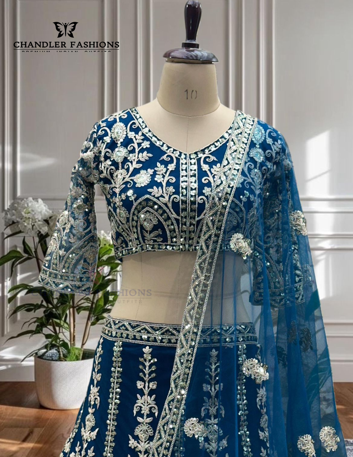 Blue Color Butterfly Net With Sequins Work Lehenga In Tempe