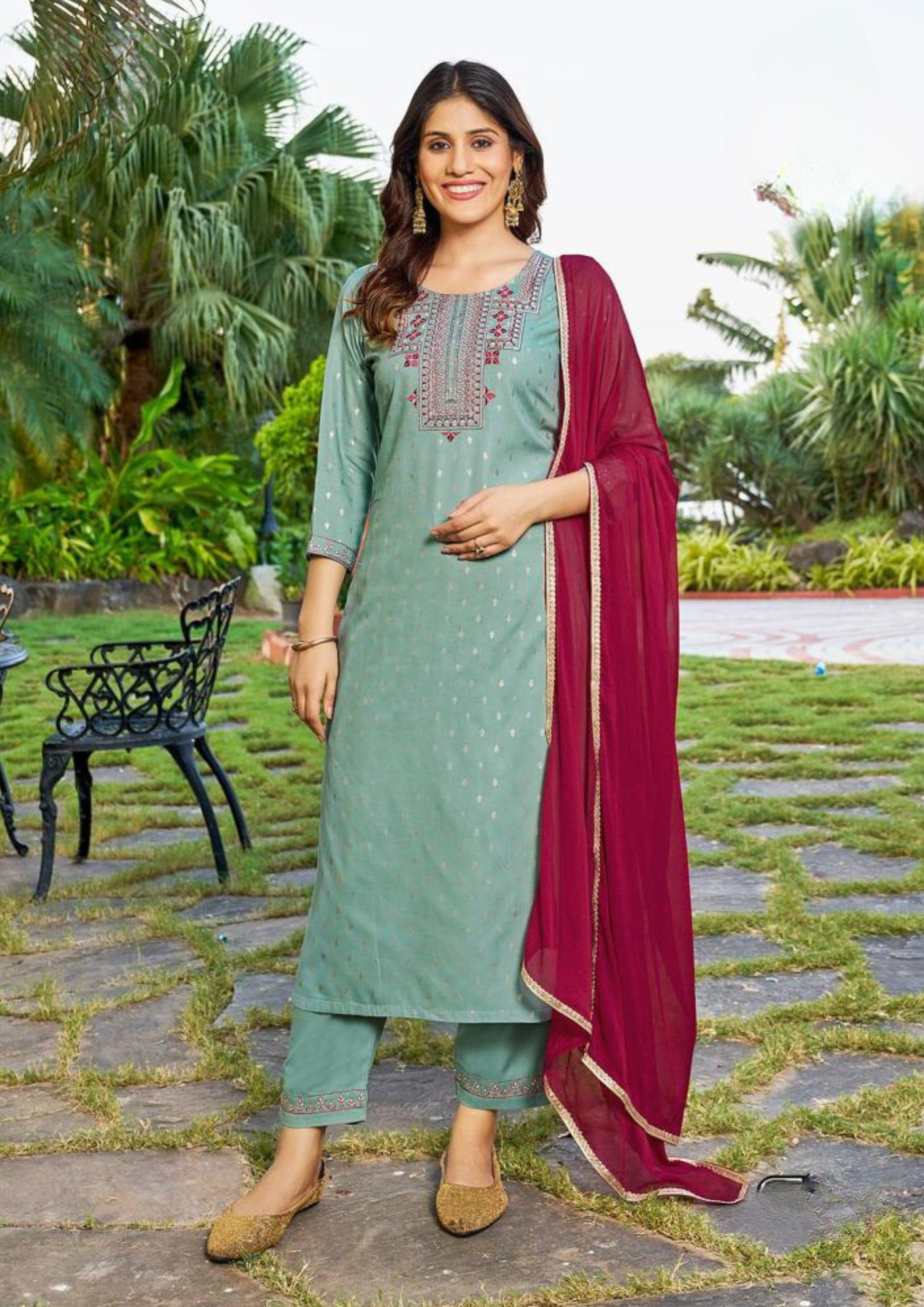 Gorgeous Teal Green Colored Embroidery Classy Foil Print Work Kurti With Dupatta Sets For Women