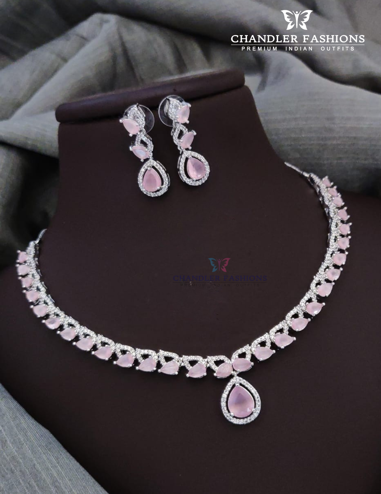 Pretty Pink And White Color Stone Embadded American Diamond Necklace With Earrings Set