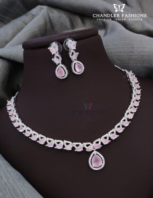 Pretty Pink And White Color Stone Embadded American Diamond Necklace With Earrings Set