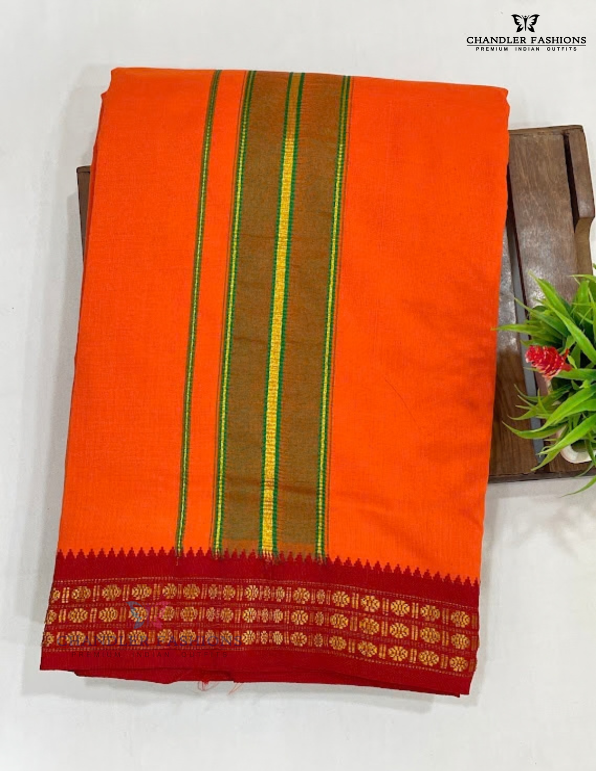 Orange Cotton Dhoti With Red And Green Color Border And Matching Angavastram For Men Near Me