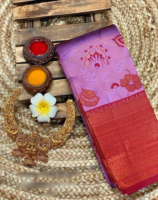 Charming Lavender Color Tissue Copper Zari Weaving Women Kanchi Silk Saree With Self Design