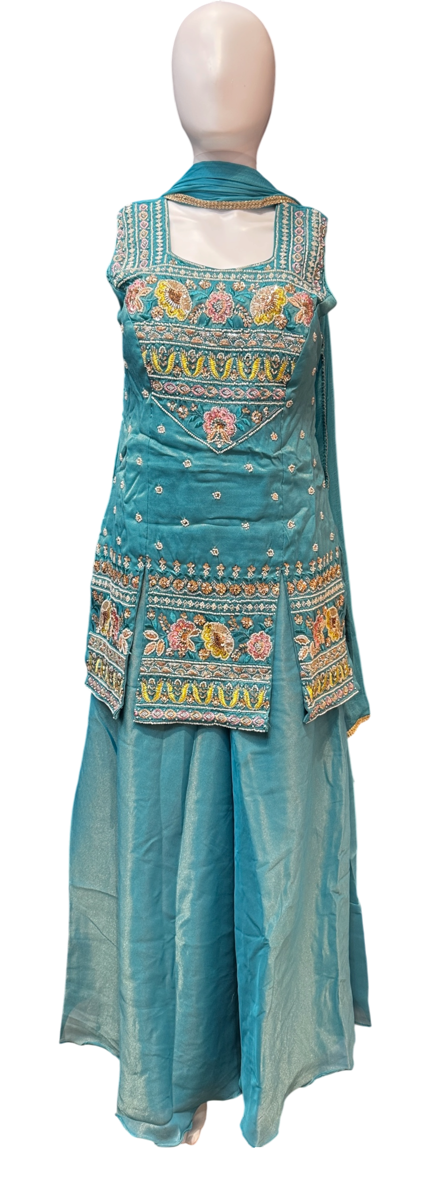 Amazing Teal Green Color Silk With Embroidery Work Sharara Suits With Dupatta For Women