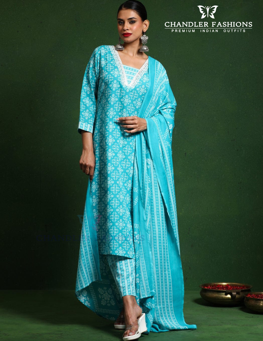 Wonderful Sky Blue Color Cotton Blend With Floral Printed Work Salwar Suits For Women