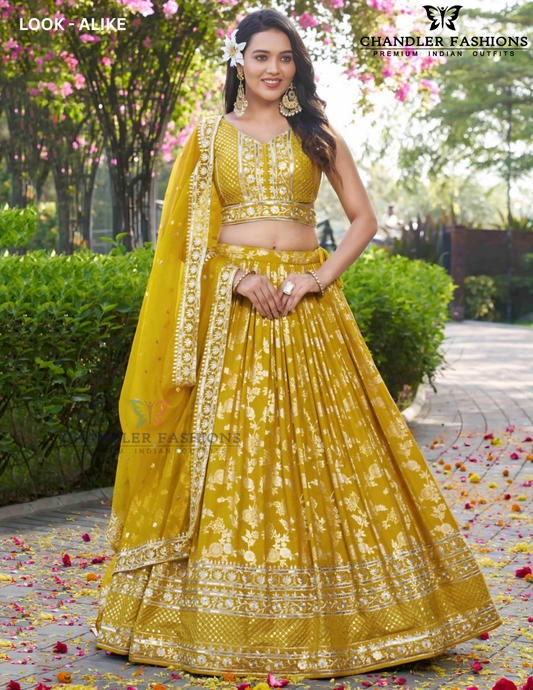 Amazing Yellow Color Silk Jacquard With Sequins And Zari Embroidery Lehenga Choli For Women