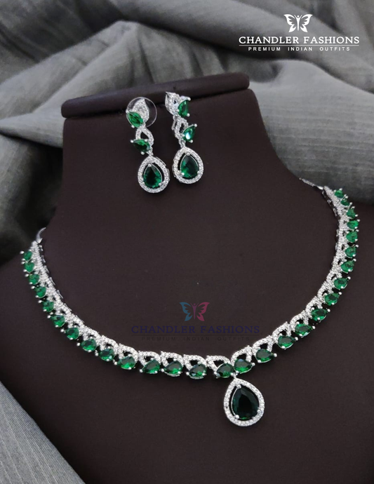 Wonderful Green And White Color Stone Embadded American Diamond Necklace With Earrings Set