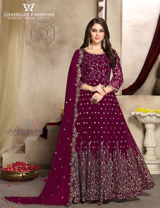 Splendid Wine Color Heavy Georgette With Embroidery Work Anarkali Suits For Women