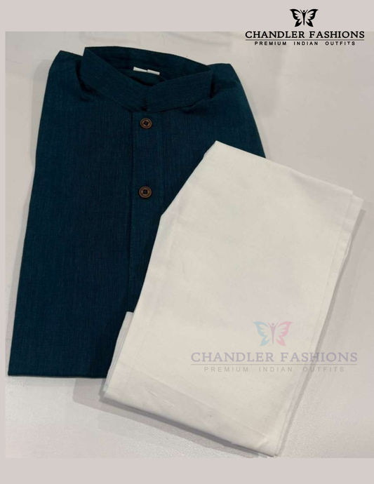 Wonderful Peacock Blue Color Cotton Kurta With Pajama Set For Boys