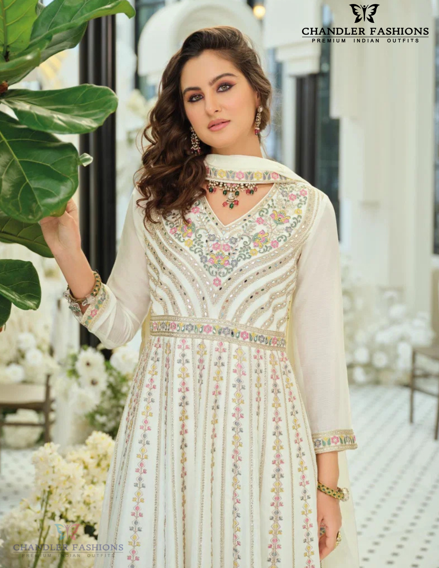 White Color Chinon With Embroidery Work Palazzo Suits In USA