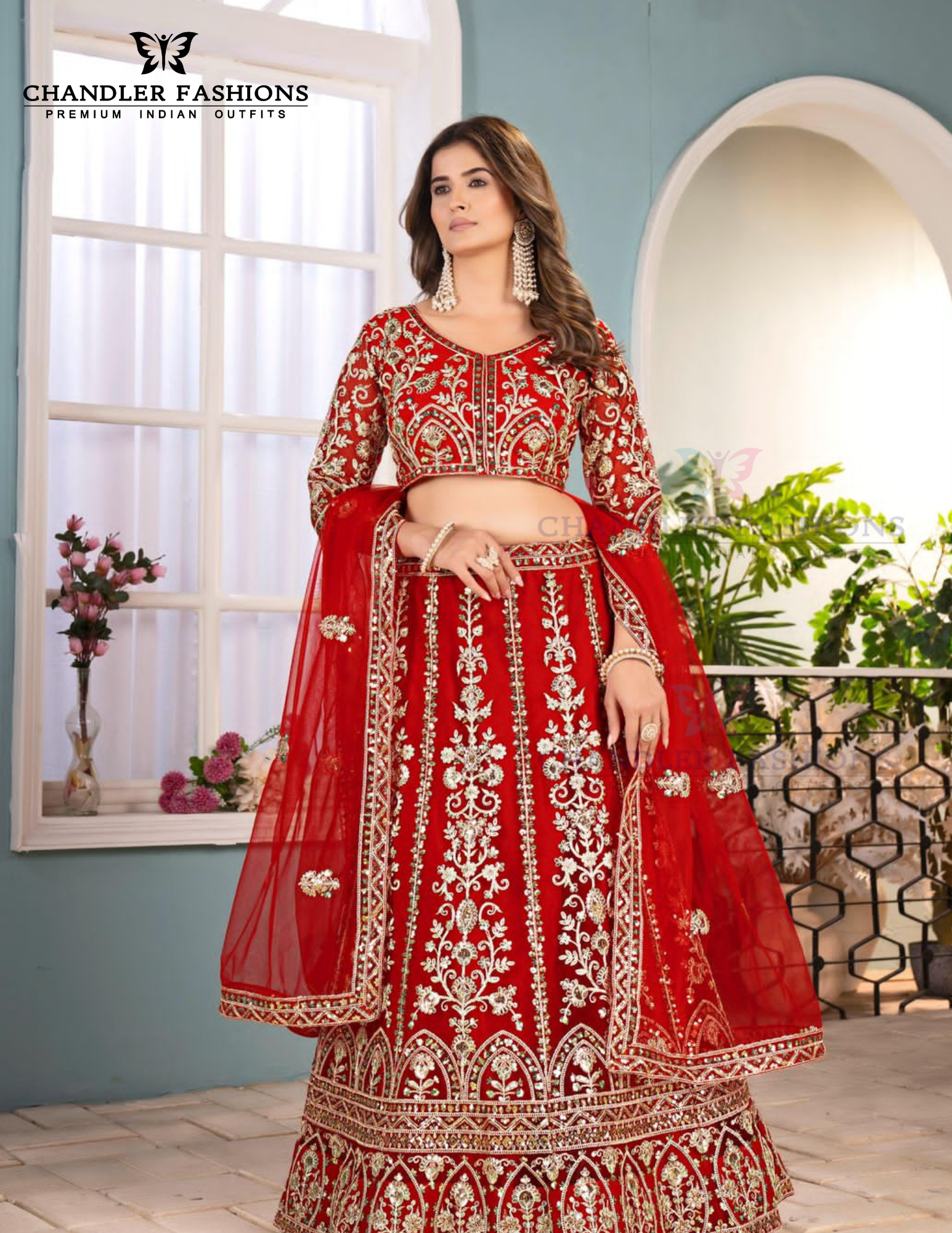 Attractive Red Color Butterfly Net With Embroidery And Sequins Work Lehenga For Women