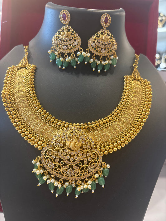 Stunning Green And White Pearls Hanging Gold Plated Grand Kasu Necklace With Earrings