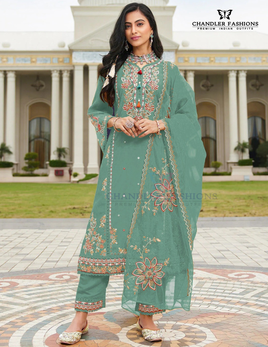 Charming Green Color Heavy Cotton With Embroidery And Sequins Work Salwar Suits For Women