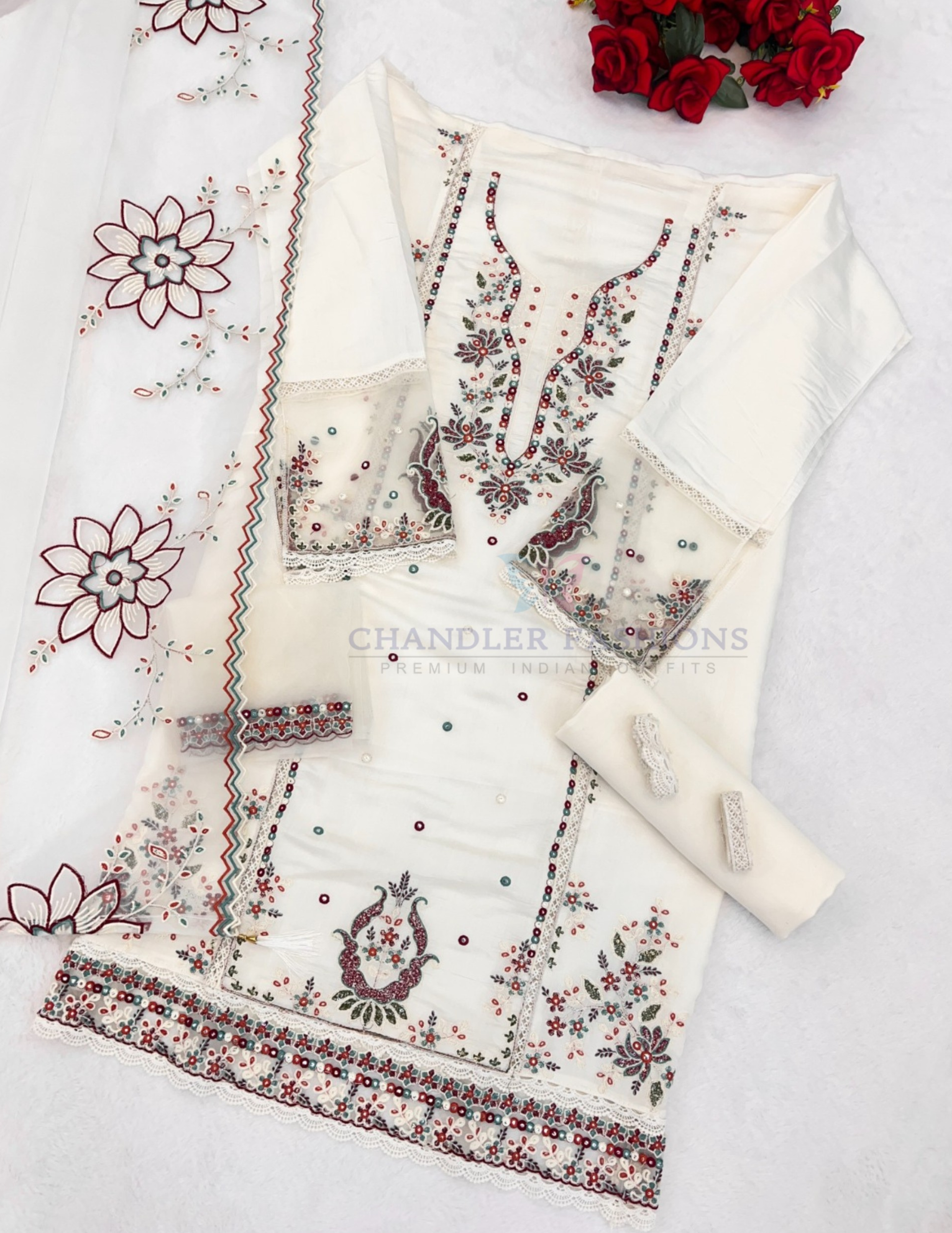 White Color Cotton With Embroidery And Sequins Work Salwar Suits In USA