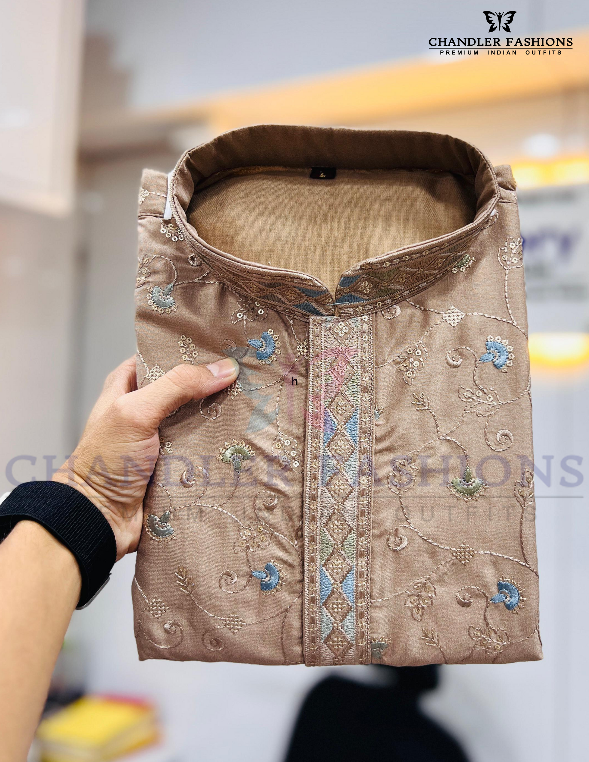 Appealing Brown Color Silk Kurta Suit With Embroidery Flower Work For Men