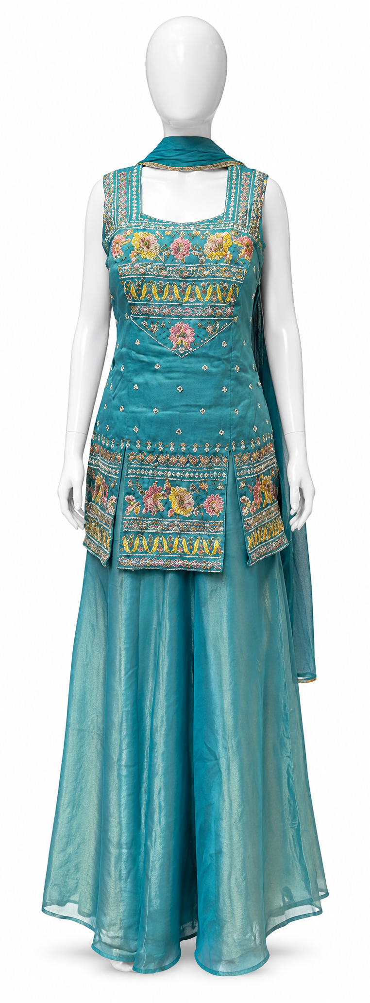 Amazing Teal Green Color Silk With Embroidery Work Sharara Suits With Dupatta For Women