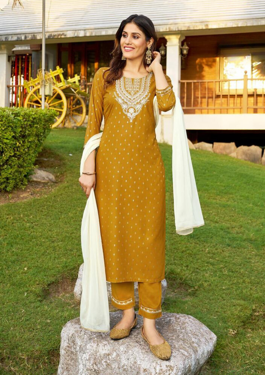 Charming Rayon With Classy Foil Print Embroidery Work Mustard Yellow Color Kurti Sets For Women