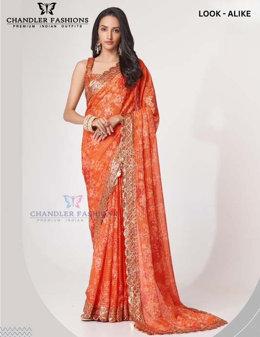 Gorgeous Orange Color Organza With Sequins And Printed Work Saree For Women