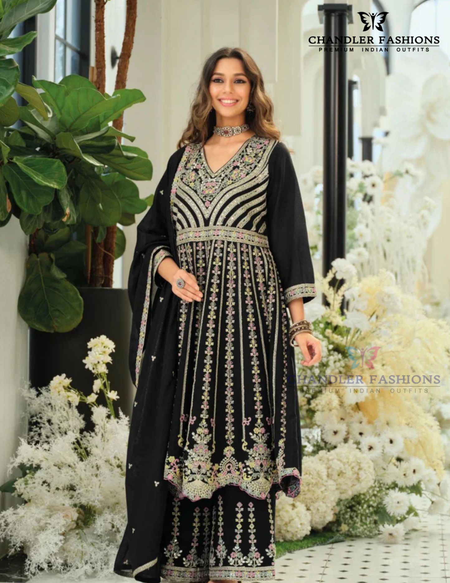Amazing Black Color Chinon With Embroidery Work Palazzo Suits For Women