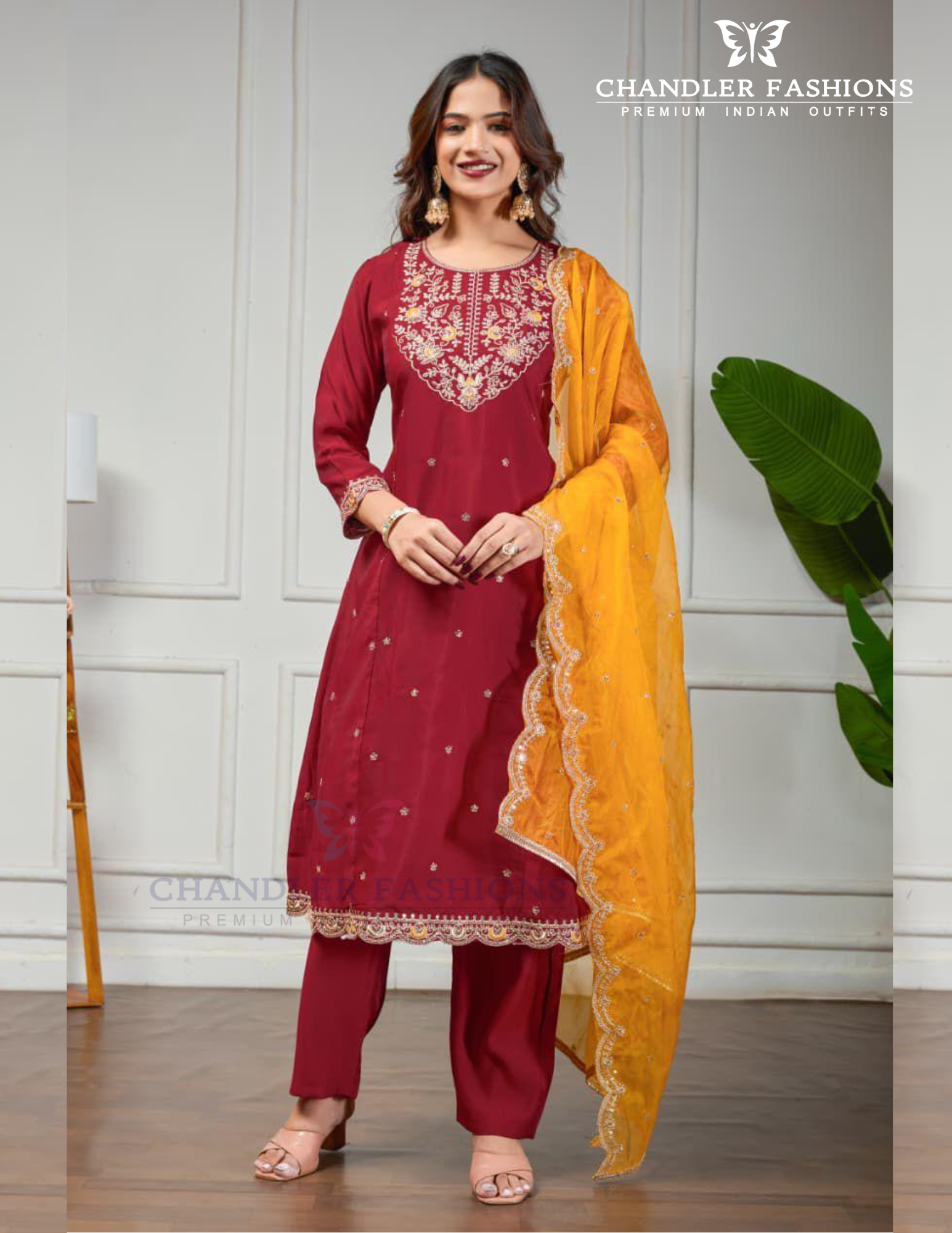 Fantastic Maroon Color Roman Silk With Embroidery Work Salwar Suits For Women