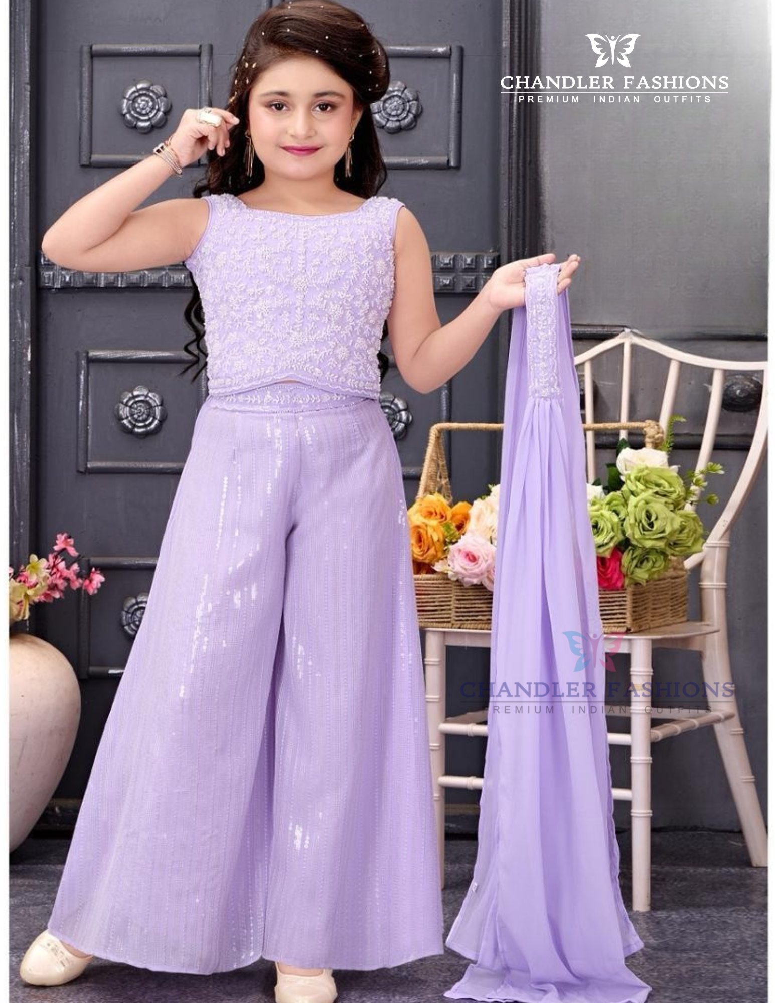 Pretty Lavender Color Georgette With Zari Embroidery And Sequins Work Palazzo Suits For Girls