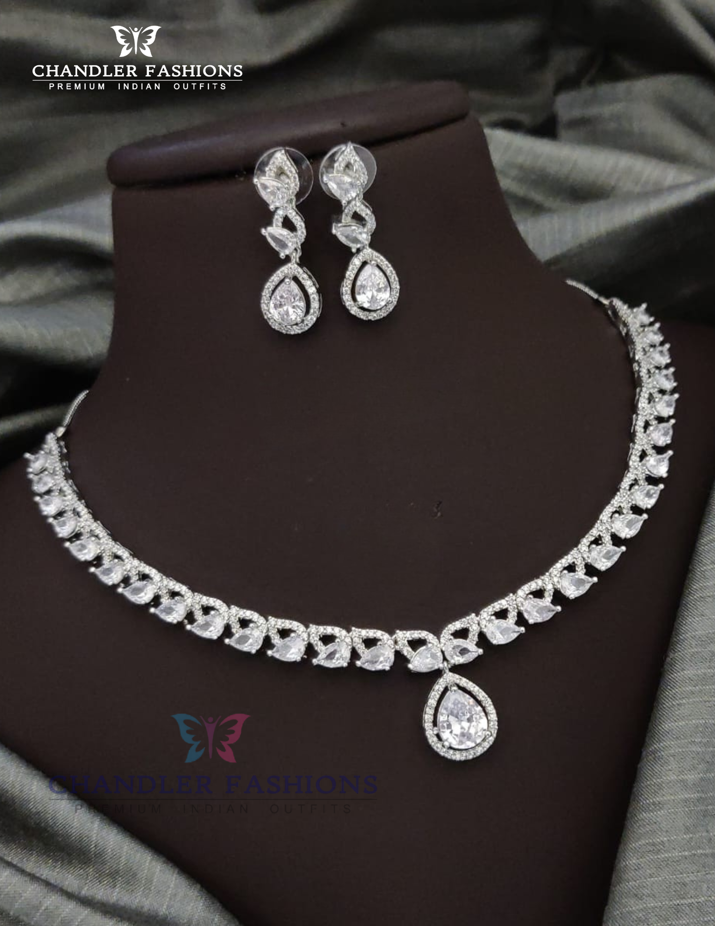 Beautiful White Color Stone Embadded American Diamond Necklace With Earrings Set