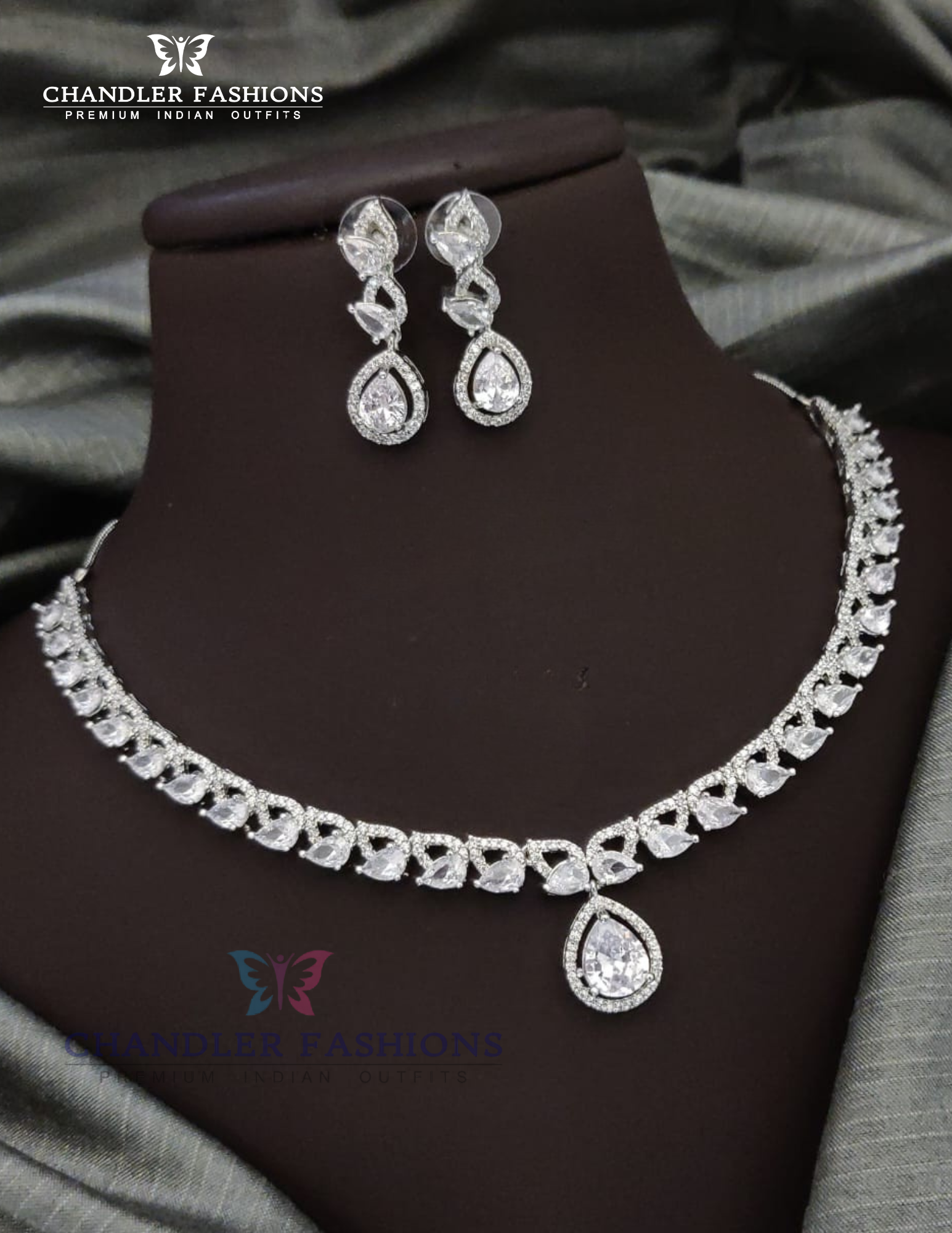 Beautiful White Color Stone Embadded American Diamond Necklace With Earrings Set