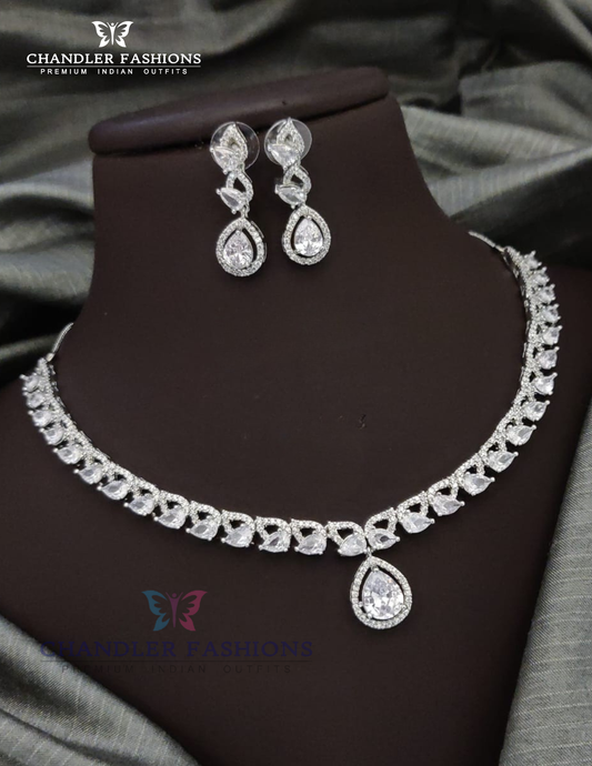 Beautiful White Color Stone Embadded American Diamond Necklace With Earrings Set