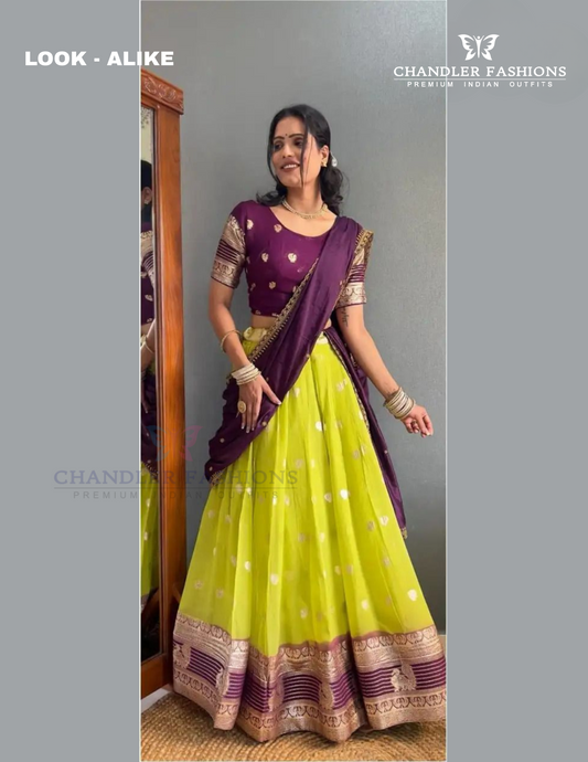 Attractive Purple And Lime Green Color Georgette With Zari Border Lehenga Choli With Dupatta For Women