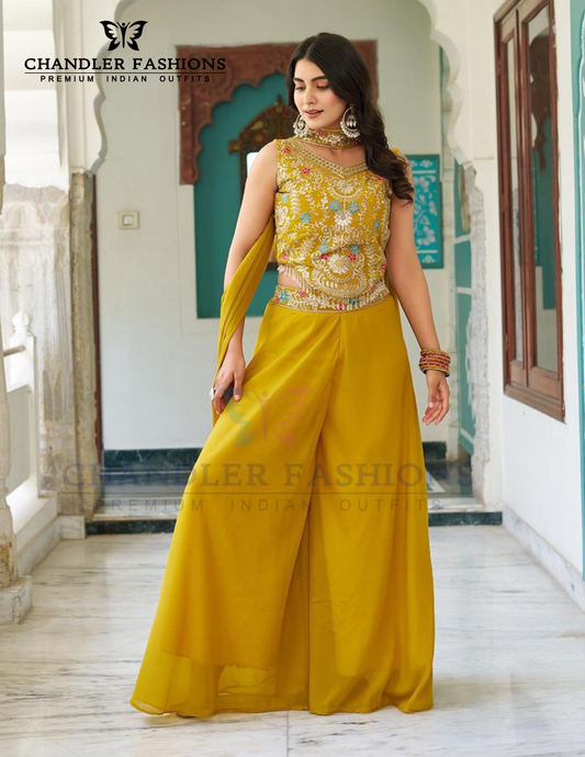 Fabulous Yellow Color Star Georgette With Sequins And Thread Embroidery Work Palazzo Suits