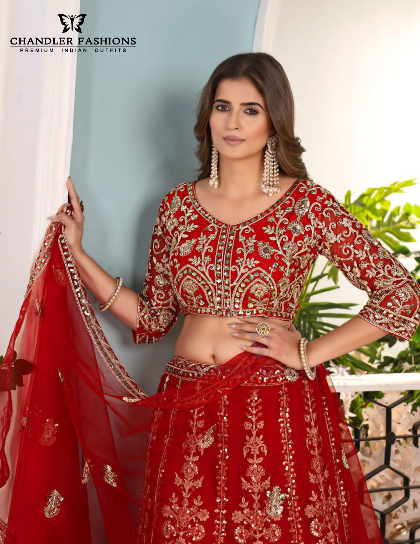 Attractive Red Color Butterfly Net With Embroidery And Sequins Work Lehenga Near Me