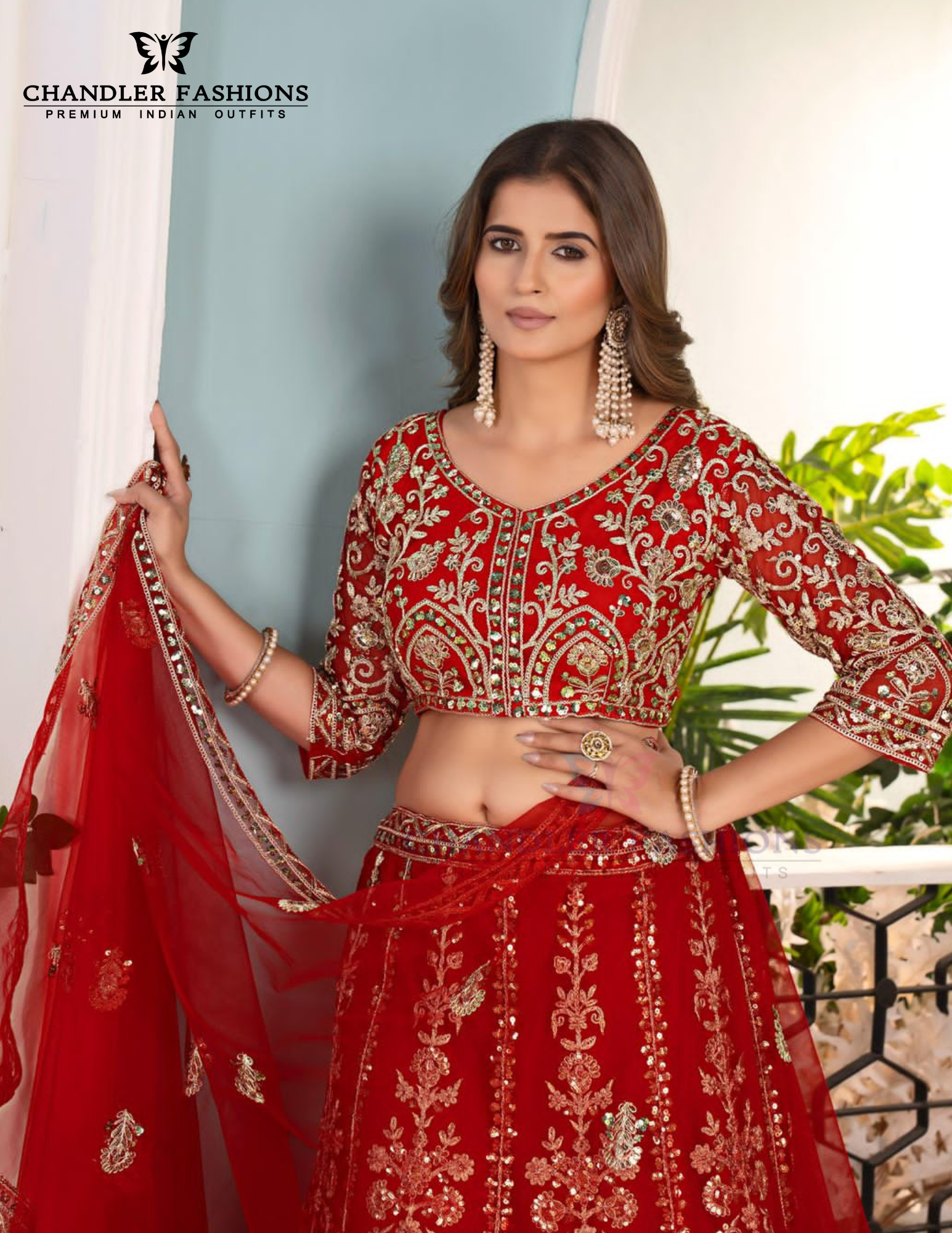 Attractive Red Color Butterfly Net With Embroidery And Sequins Work Lehenga Near Me