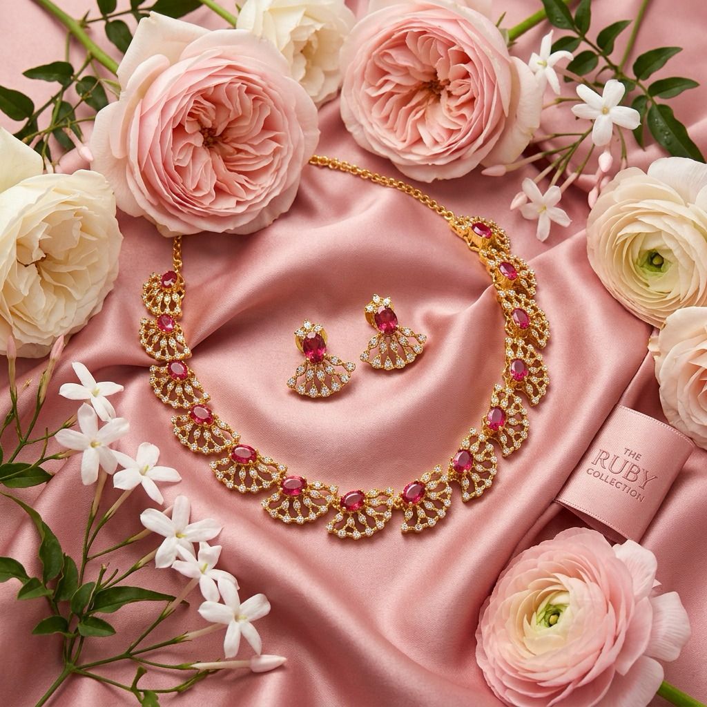 Dazzling  Red Stones Gold Plated Necklace With Earrings For Women
