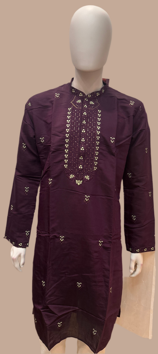 Beautiful Wine Color With Sequins And Embroidery Work Kurta Suits For Men