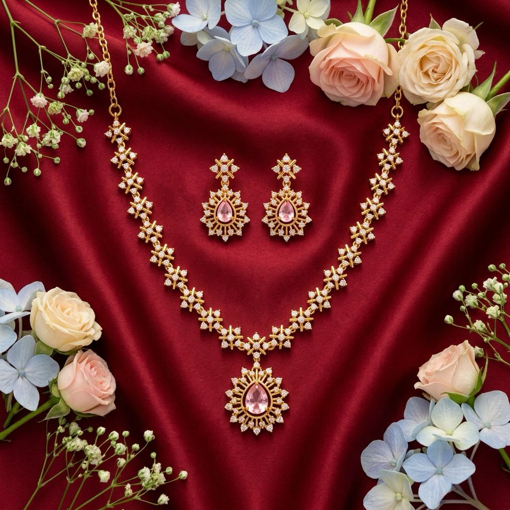 Stunning Pink Stones Gold Plated Necklace With Earrings For Women