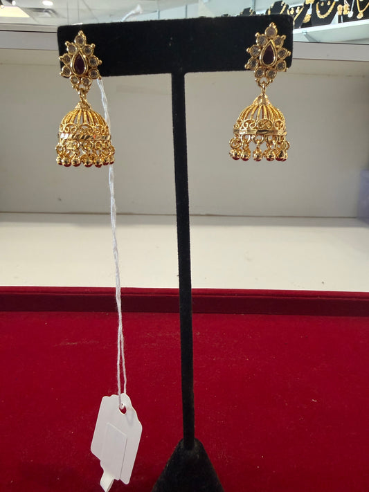 Elegant Gold Plated Pink And White Color Stones Jhumka For Women